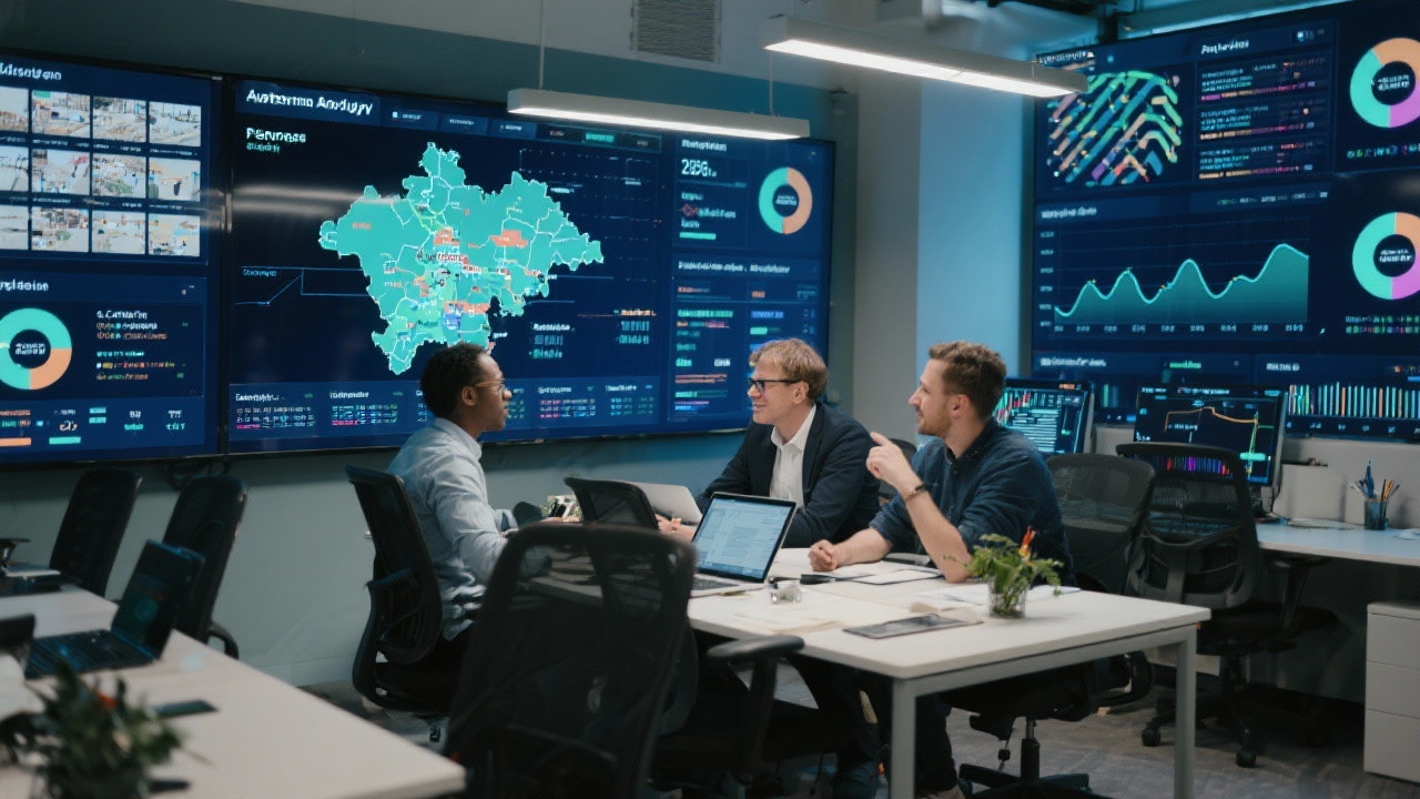 Data specialists collaborating in an Amsterdam analytics lab surrounded by screens displaying tourism occupancy heatmaps, booking curves and visitor segmentation dashboards.