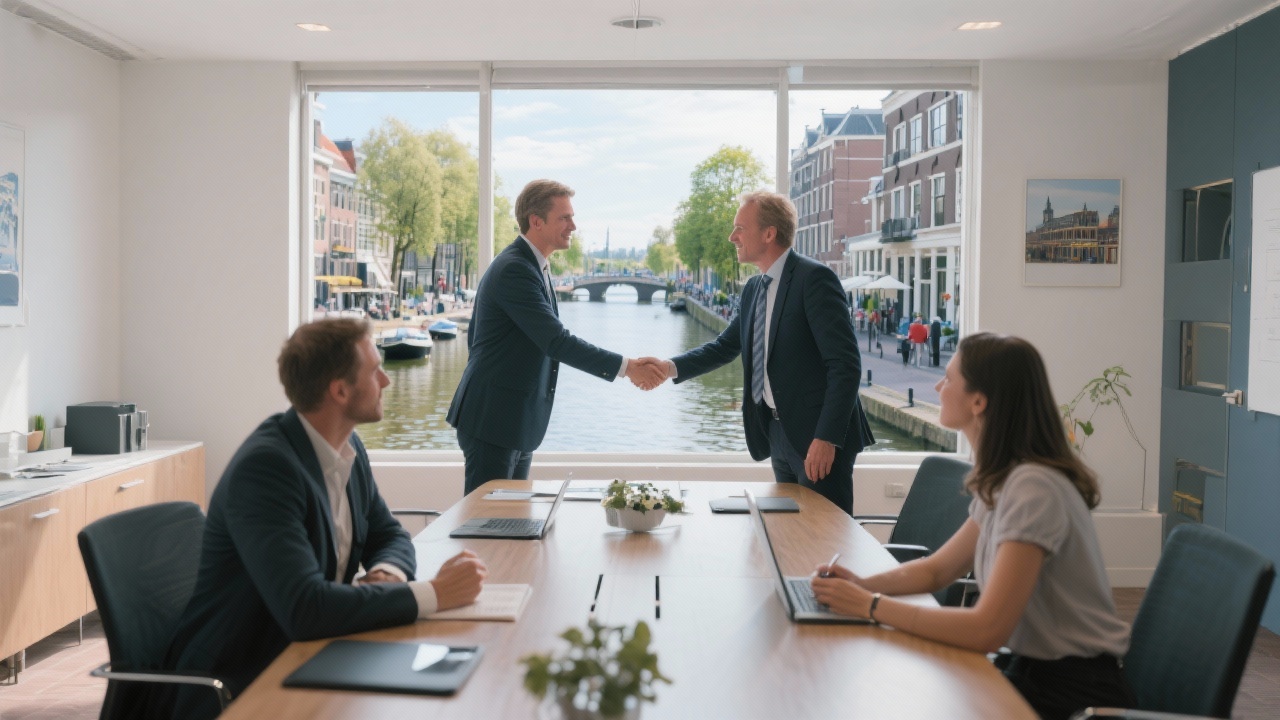 Business handshake between tourism consultants and municipal representative in a modern meeting room overlooking Dutch canals, symbolising collaborative destination development commitments.