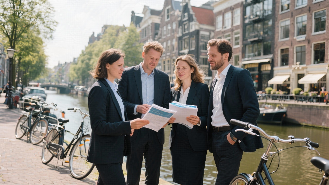 Consulting team standing along Amsterdam canal discussing tourism strategy documents with bicycles nearby, reflecting collaborative Dutch hospitality expertise and local market understanding.
