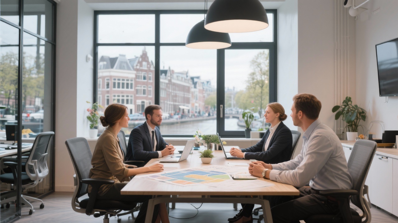 Contemporary consulting office in Amsterdam with large windows, collaborative workspace and hospitality professionals discussing tourism strategies around a central table.