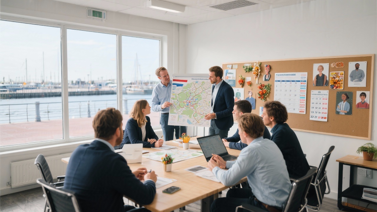 Dutch destination marketing team reviewing maps, seasonal calendars and persona boards in a planning room with large windows overlooking a waterfront promenade.