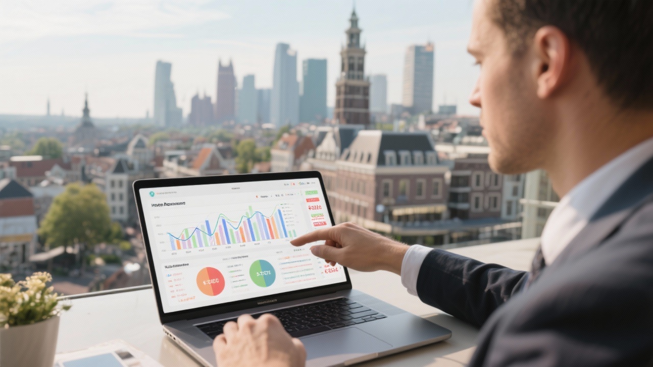 Hospitality revenue manager adjusting pricing dashboards on a laptop while overlooking a Dutch city skyline, illustrating analytical approach to hotel performance improvements.